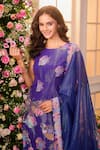 Label Priyanka Kar_Blue Satin Embroidery Round Neck Floral Pattern Kurta Sharara Set _Online_at_Aza_Fashions