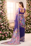 Shop_Label Priyanka Kar_Purple Satin Embroidery, Sequins V-neck, Round Floral Hand Pre-draped Saree Set _at_Aza_Fashions