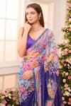 Label Priyanka Kar_Purple Satin Embroidery, Sequins V-neck, Round Floral Hand Pre-draped Saree Set _Online_at_Aza_Fashions