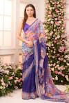 Buy_Label Priyanka Kar_Purple Satin Embroidery, Sequins V-neck, Round Floral Hand Pre-draped Saree Set _Online_at_Aza_Fashions