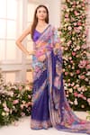 Shop_Label Priyanka Kar_Purple Satin Embroidery, Sequins V-neck, Round Floral Hand Pre-draped Saree Set _Online_at_Aza_Fashions