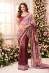 Buy_Label Priyanka Kar_Maroon Satin Round Neck Floral Printed Pre-draped Saree Set _at_Aza_Fashions