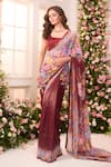 Label Priyanka Kar_Maroon Satin Round Neck Floral Printed Pre-draped Saree Set _Online_at_Aza_Fashions