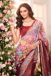 Buy_Label Priyanka Kar_Maroon Satin Round Neck Floral Printed Pre-draped Saree Set _Online_at_Aza_Fashions