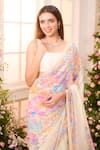 Label Priyanka Kar_Yellow Satin Round Neck Floral Printed Pre-draped Saree And Blouse Set _Online_at_Aza_Fashions