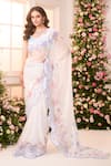 Label Priyanka Kar_White Satin Embroidery Sweetheart Neck Pre-draped Floral Hand Saree Set _Online_at_Aza_Fashions