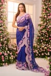 Buy_Label Priyanka Kar_Blue Satin Embroidery Sweetheart Neck Pre-draped Floral Saree And Blouse _at_Aza_Fashions