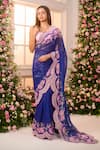 Buy_Label Priyanka Kar_Blue Satin Embroidery Sweetheart Neck Pre-draped Floral Saree And Blouse _Online_at_Aza_Fashions