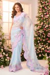 Buy_Label Priyanka Kar_Mint Satin Round Neck Printed Pre-draped Saree Set With Scalloped Border _Online_at_Aza_Fashions