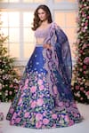 Shop_Label Priyanka Kar_Blue Satin Beads, Crystals, Embroidery Scoop Neck Floral Pattern Lehenga Set _Online_at_Aza_Fashions