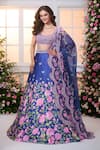 Buy_Label Priyanka Kar_Blue Satin Beads, Crystals, Embroidery Scoop Neck Floral Pattern Lehenga Set _at_Aza_Fashions