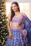 Label Priyanka Kar_Blue Satin Beads, Crystals, Embroidery, Metallic Thread Floral Hand Lehenga Set _Online_at_Aza_Fashions