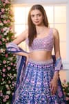 Buy_Label Priyanka Kar_Blue Satin Beads, Crystals, Embroidery, Metallic Thread Floral Hand Lehenga Set _Online_at_Aza_Fashions