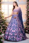 Shop_Label Priyanka Kar_Blue Satin Beads, Crystals, Embroidery, Metallic Thread Floral Hand Lehenga Set _Online_at_Aza_Fashions