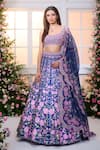Buy_Label Priyanka Kar_Blue Satin Beads, Crystals, Embroidery, Metallic Thread Floral Hand Lehenga Set _at_Aza_Fashions