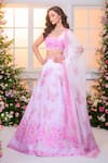 Buy_Label Priyanka Kar_Pink Satin Beads, Crystals, Fringe, Foil Printing Ombre Butterfly Lehenga Set _at_Aza_Fashions
