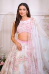 Label Priyanka Kar_White Satin Beads, Crystals, Sequins Floral And Butterfly Print Lehenga Set _Online_at_Aza_Fashions
