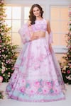 Buy_Label Priyanka Kar_Pink Satin Beads, Crystals, Sequins, Embroidery Round Floral Hand Lehenga Set _at_Aza_Fashions