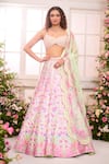 Buy_Label Priyanka Kar_Pink Satin Beads, Crystals, Embroidery Ombre Garden Printed Lehenga Set _at_Aza_Fashions