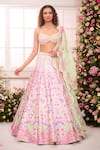 Label Priyanka Kar_Pink Satin Beads, Crystals, Embroidery Ombre Garden Printed Lehenga Set _at_Aza_Fashions
