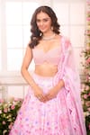Buy_Label Priyanka Kar_Pink Satin Beads, Crystals, Sequins, Embroidery Floral Hand Lehenga Set _Online_at_Aza_Fashions