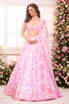 Buy_Label Priyanka Kar_Pink Satin Beads, Crystals, Sequins, Embroidery Floral Hand Lehenga Set _at_Aza_Fashions