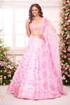 Label Priyanka Kar_Pink Satin Beads, Crystals, Sequins, Embroidery Floral Hand Lehenga Set _at_Aza_Fashions