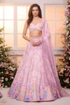 Buy_Label Priyanka Kar_Pink Satin Beads, Crystals, Embroidery Sweetheart Neck Floral Hand Lehenga Set _at_Aza_Fashions