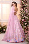 Label Priyanka Kar_Pink Satin Beads, Crystals, Embroidery Sweetheart Neck Floral Hand Lehenga Set _Online_at_Aza_Fashions