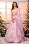Shop_Label Priyanka Kar_Pink Satin Beads, Crystals, Embroidery Sweetheart Neck Floral Hand Lehenga Set _Online_at_Aza_Fashions