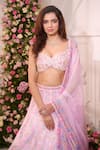Label Priyanka Kar_Pink Satin Beads, Crystals, Embroidery Sweetheart Neck Floral Hand Lehenga Set _at_Aza_Fashions
