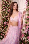 Buy_Label Priyanka Kar_Pink Satin Beads, Crystals, Embroidery Sweetheart Neck Floral Hand Lehenga Set 