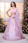 Buy_Label Priyanka Kar_Pink Satin Beads, Crystals, Embroidery Sweetheart Floral Printed Lehenga Set  _at_Aza_Fashions