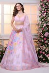 Shop_Label Priyanka Kar_Pink Satin Beads, Crystals, Embroidery Sweetheart Floral Printed Lehenga Set  