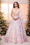 Buy_Label Priyanka Kar_White Satin Beads, Crystals, Embroidery Sweetheart Neck Floral Hand Lehenga Set _at_Aza_Fashions