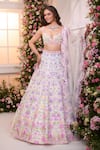 Buy_Label Priyanka Kar_White Satin Beads, Crystals, Embroidery Sweetheart Neck Floral Hand Lehenga Set 
