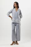 Buy_Linera_Blue Linen Embroidery V-neck, Collared Shirt And Pant Set _at_Aza_Fashions