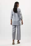 Shop_Linera_Blue Linen Embroidery V-neck, Collared Shirt And Pant Set _at_Aza_Fashions