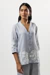 Linera_Blue Linen Embroidery V-neck, Collared Shirt And Pant Set _at_Aza_Fashions