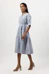 Linera_Blue Linen Embroidery Mandarin Collar, Split V-neck Cord Tiered Dress _Online_at_Aza_Fashions