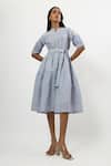 Buy_Linera_Blue Linen Embroidery Mandarin Collar, Split V-neck Cord Tiered Dress _Online_at_Aza_Fashions