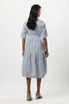 Shop_Linera_Blue Linen Embroidery Mandarin Collar, Split V-neck Cord Tiered Dress _at_Aza_Fashions