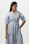 Shop_Linera_Blue Linen Embroidery Mandarin Collar, Split V-neck Cord Tiered Dress _Online_at_Aza_Fashions