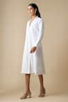 Linera_White Linen Embroidery Collared, V-neck Blend Cording Dress _Online_at_Aza_Fashions