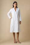 Buy_Linera_White Linen Embroidery Collared, V-neck Blend Cording Dress _at_Aza_Fashions
