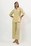Buy_Linera_Yellow Linen Embroidery Collared, V-neck Turkish Shirt And Pant Set _at_Aza_Fashions