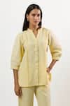 Linera_Yellow Linen Embroidery Collared, V-neck Turkish Shirt And Pant Set _at_Aza_Fashions