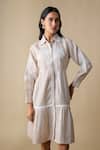 Linera_Beige Linen Embroidery Collared, Button-down Neck Blend Shirt Dress _Online_at_Aza_Fashions