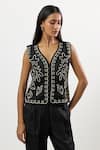 Buy_Linera_Black Linen Embroidery V-neck Waistcoat And Pant Set _Online_at_Aza_Fashions
