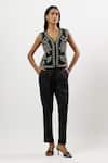Buy_Linera_Black Linen Embroidery V-neck Waistcoat And Pant Set _at_Aza_Fashions